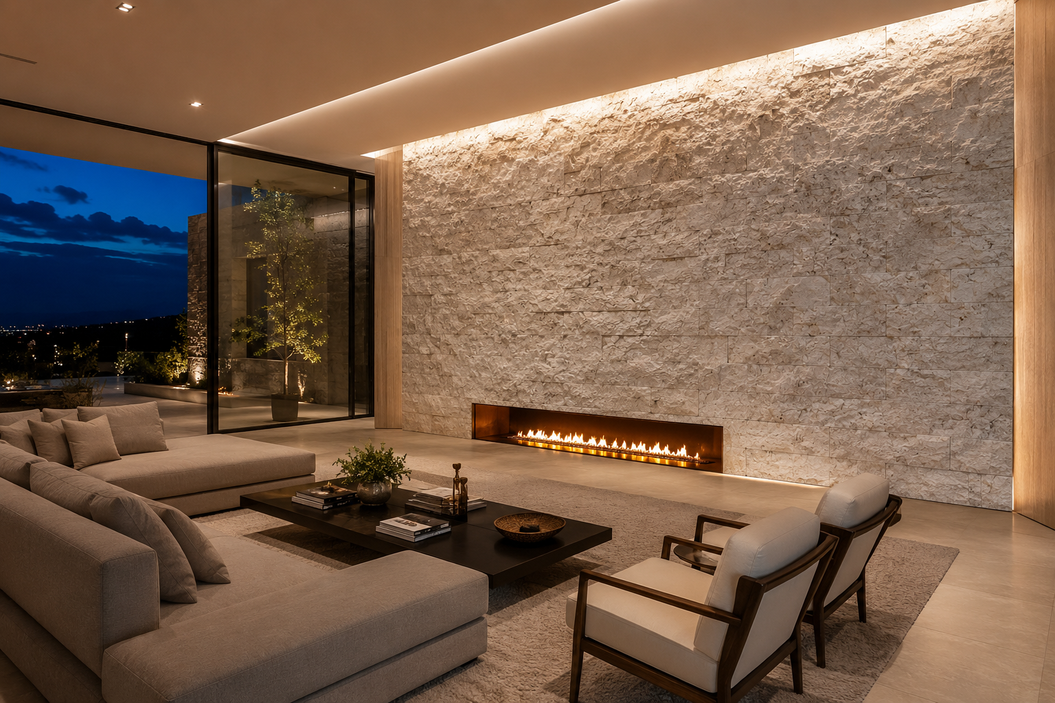 Sala de estar de luxo com revestimento em pedra natural
